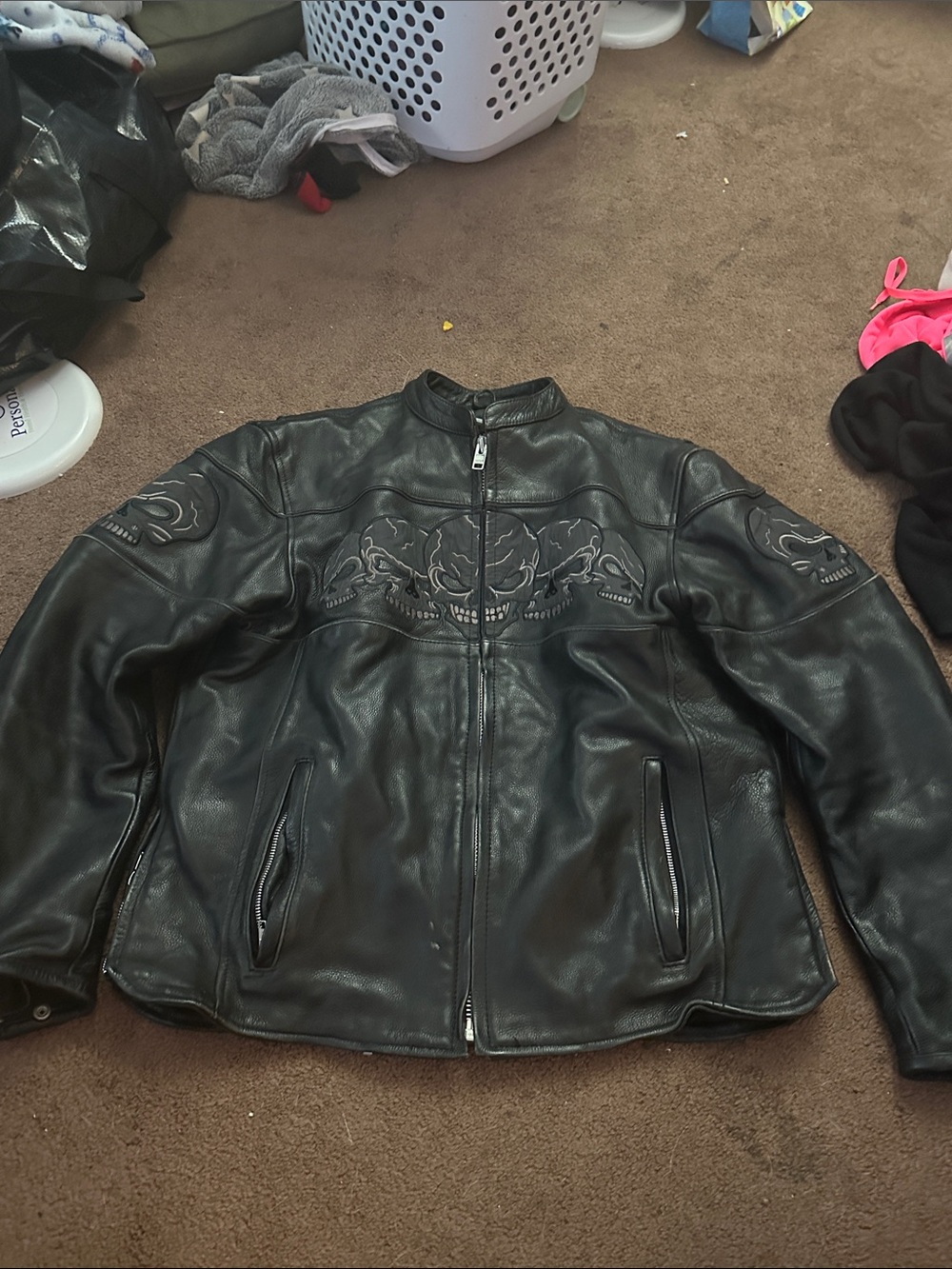 Unik Black Leather Bomber Jacket with Embossed Skull Motif
